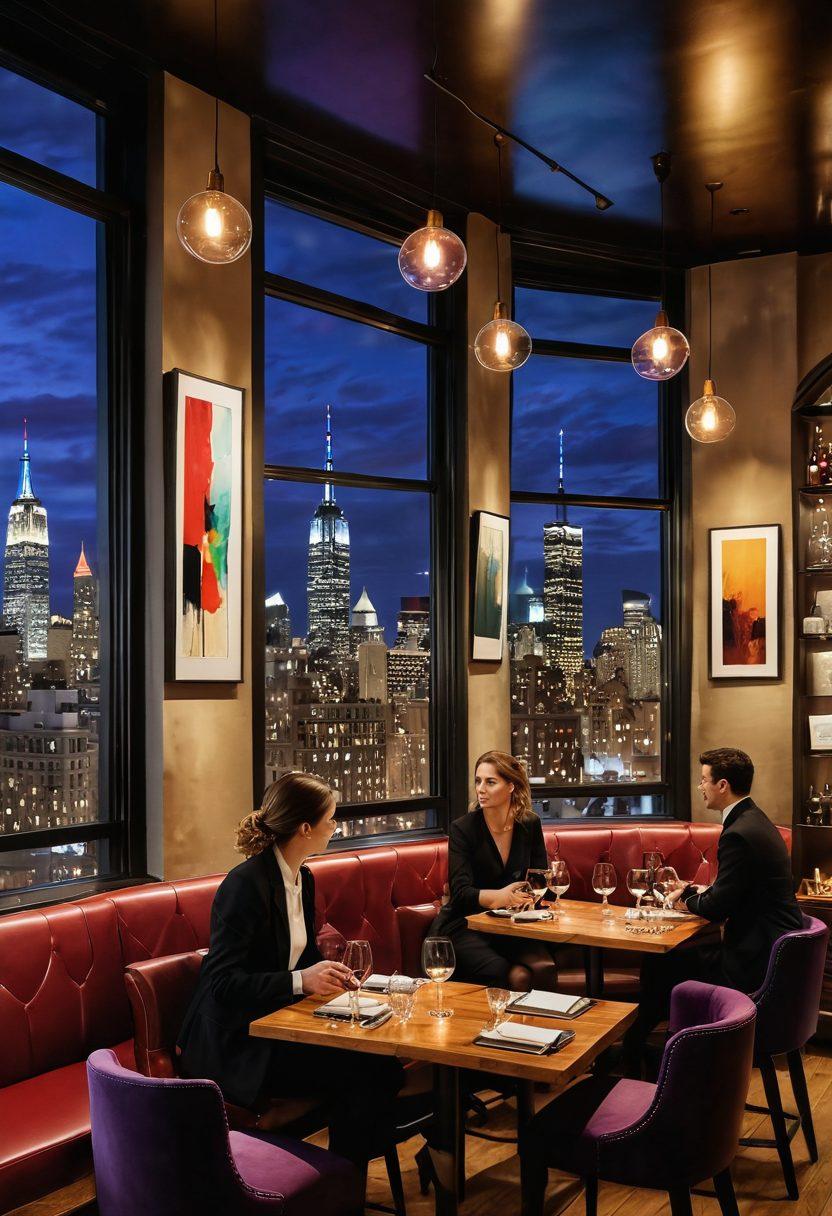 A beautiful elevated view of an elegant wine bar in NYC, featuring a diverse group of people enjoying exquisite wine and art. The walls are adorned with vibrant, abstract art, while colorful wine glasses are elegantly arranged on a polished wooden table. Soft, warm lighting enhances the cozy atmosphere, with glimpses of iconic NYC skyline through large windows. Include artistic brush strokes and creativity elements merging with wine elements. super-realistic. vibrant colors. cozy atmosphere.