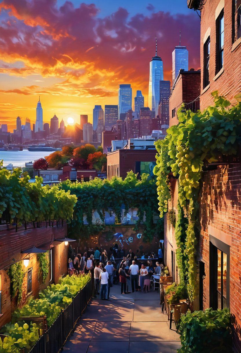A vibrant scene showcasing an urban vineyard intertwined with an art gallery, where grapes cascade beside colorful street art murals. Include a lively crowd enjoying wine tastings while admiring paintings on display, set against the iconic NYC skyline. Warm, inviting sunset lighting enhances the atmosphere, creating a harmonious blend of nature and culture. super-realistic. vibrant colors. cityscape.