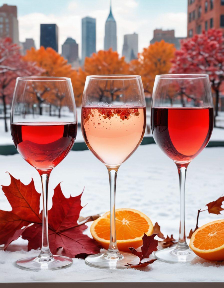 A whimsical collage featuring four glasses of wine, each representing a different season: bright rosé for spring florals, a deep red for autumn leaves, a crisp white under summer sun, and a rich dessert wine amidst winter snowflakes. In the background, abstract representations of iconic New York City art styles, like pop art and impressionism, subtly interweave with the seasonal elements. The scene radiates a warm, inviting atmosphere that teases the senses. vibrant colors. super-realistic.